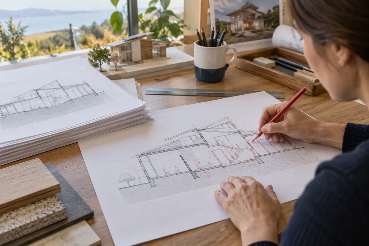 Architect marks corrections on a house section drawing with red pencil.