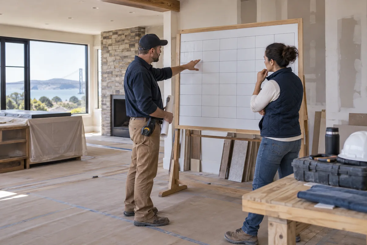 Two contractors discuss a blank scheduling board at an inactive home renovation site.