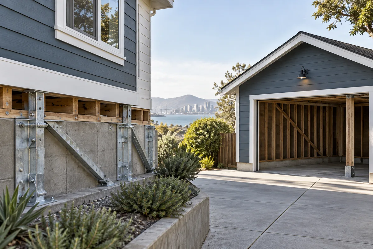 Wood-frame house foundation bracing shown beside a separate garage soft-story opening in architectural comparison scene.