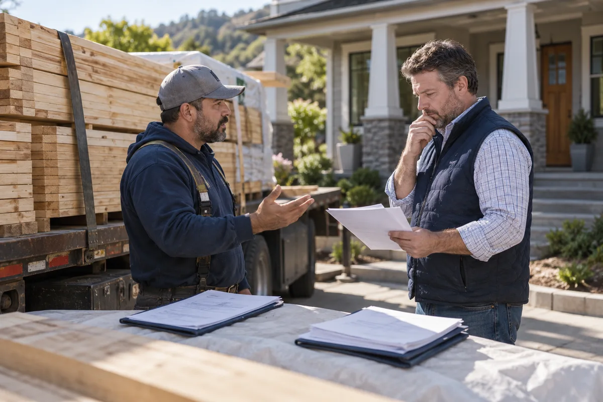 Residential construction supply delivery with lumber stack and two separate document packets.