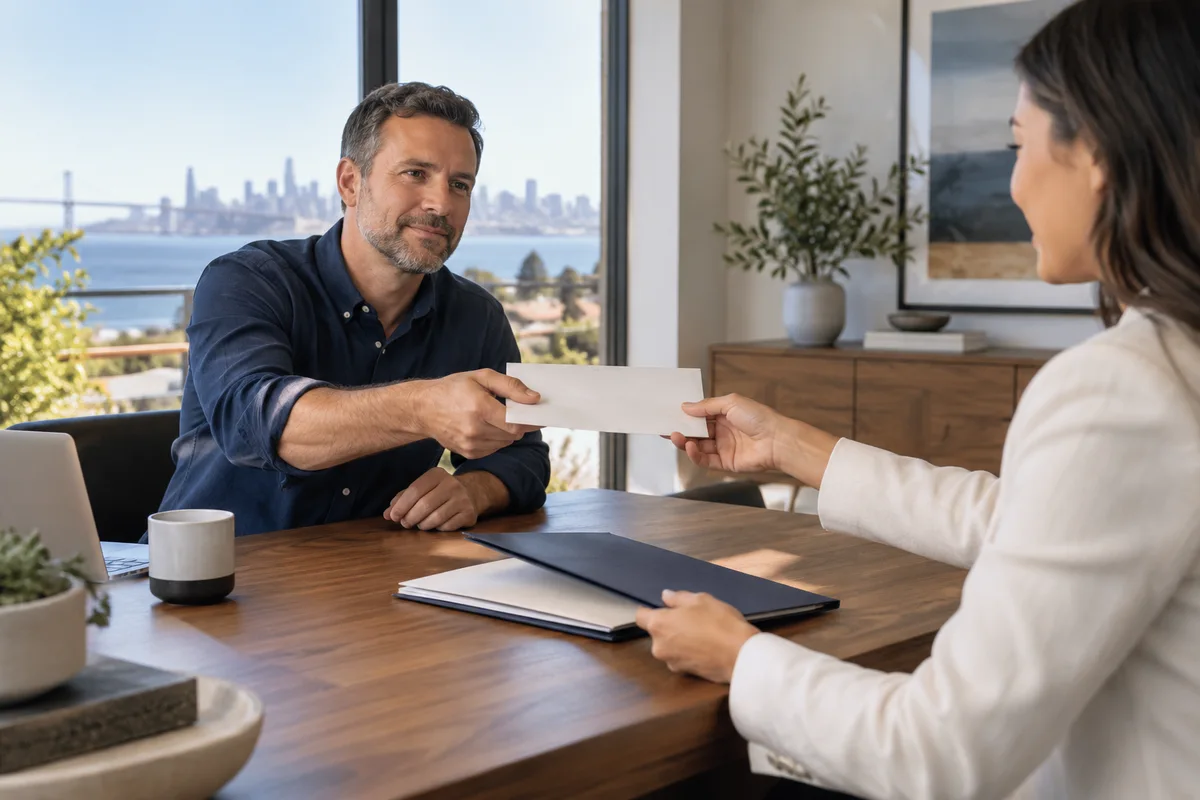 Exchange of a payment envelope and separate release documents across a desk.