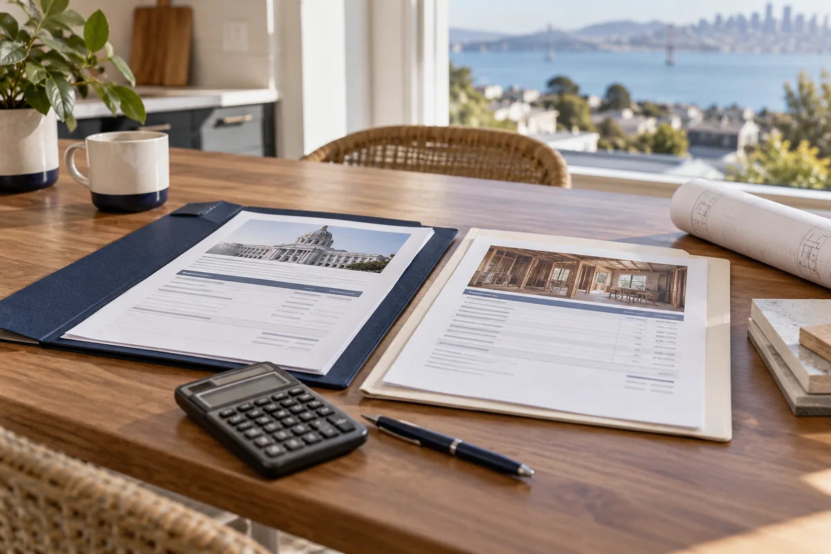 City fee receipt and separate contractor coordination invoice in two folders with calculator.