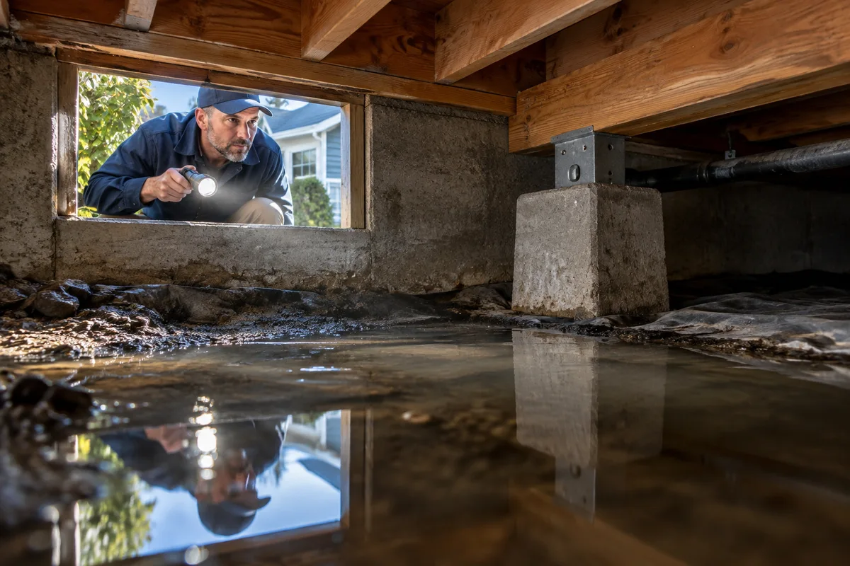 Crawlspace access opening with visible standing water reflected below beams.