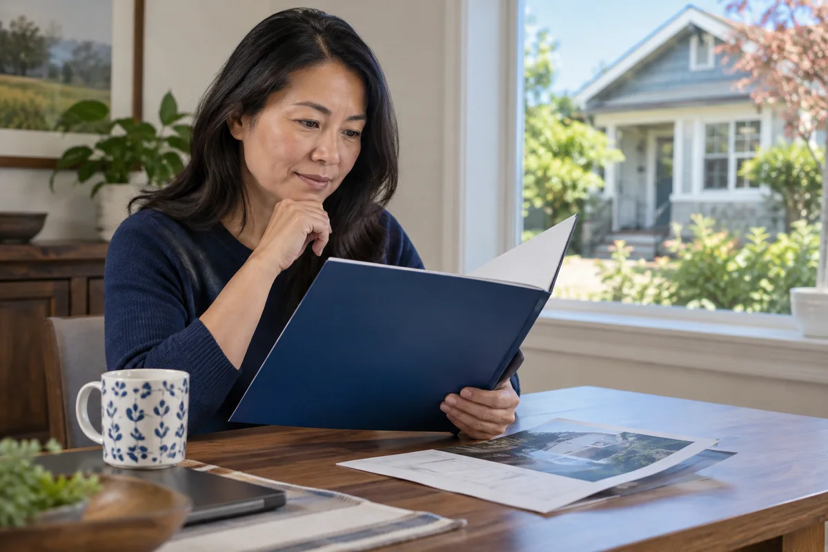 Homeowner reviews earthquake retrofit program acceptance folder before any construction.