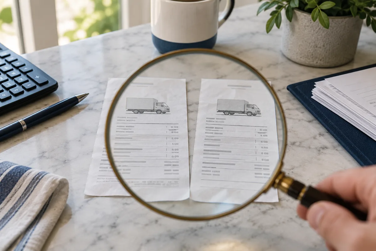 Two matching delivery receipts placed side by side under a magnifying glass.