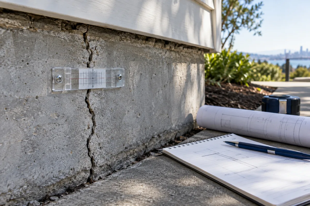Close view of a foundation crack with measurement gauge and engineering notebook.