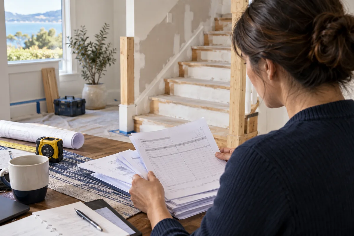 Owner reviews a stack of timesheets beside measuring tape and half-renovated stairs.