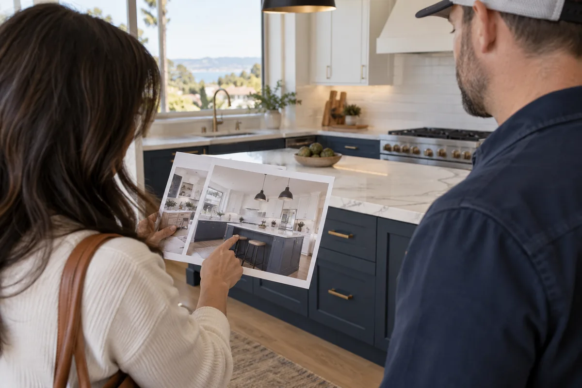 Owner compares printed finished-kitchen portfolio photographs with actual cabinetry at a site visit.