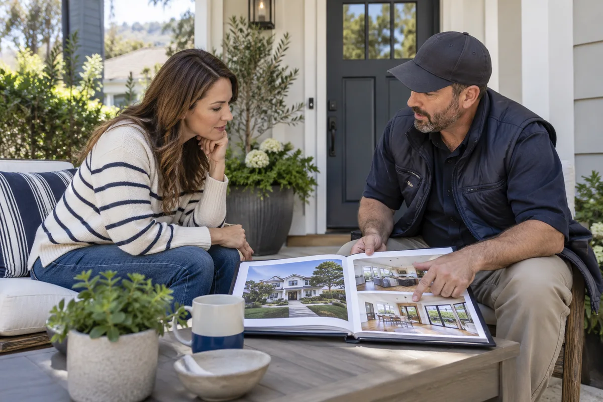 Homeowner interviewing a builder on a San Mateo front porch.