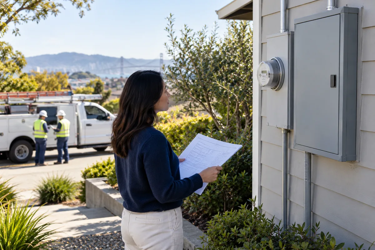 Exterior residential meter and closed panel beside utility crew planning truck at distance.
