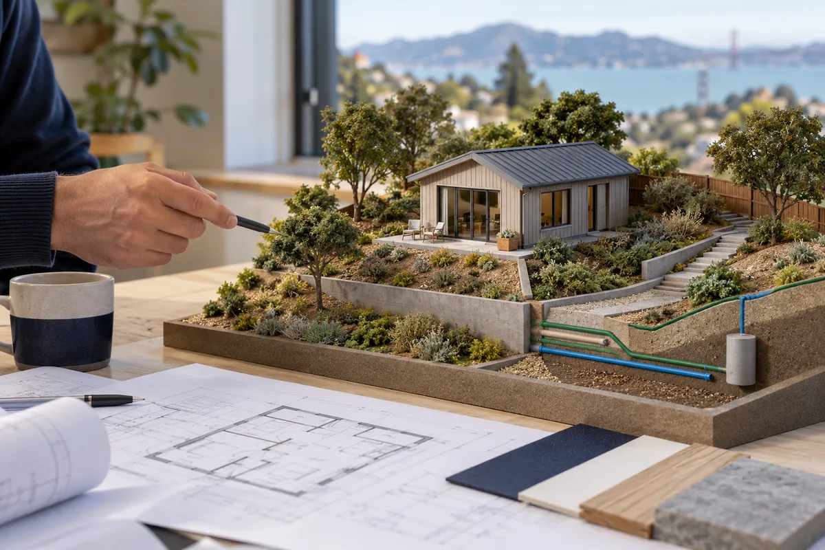 Small ADU model positioned on a detailed sloping lot model with trees and utility routes.