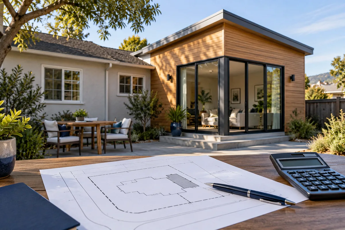 Finished home addition beside original house with an assessor-style parcel sketch and calculator foreground.