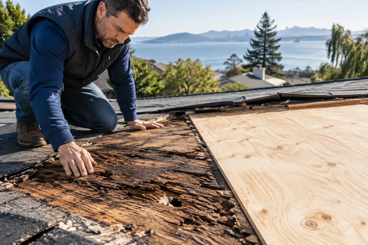 Close inspection of exposed deteriorated roof decking beside sound replacement plywood.