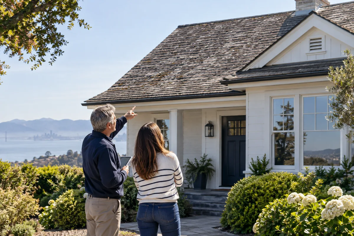 Homebuyer and inspector look up at weathered shingle roof during property visit.