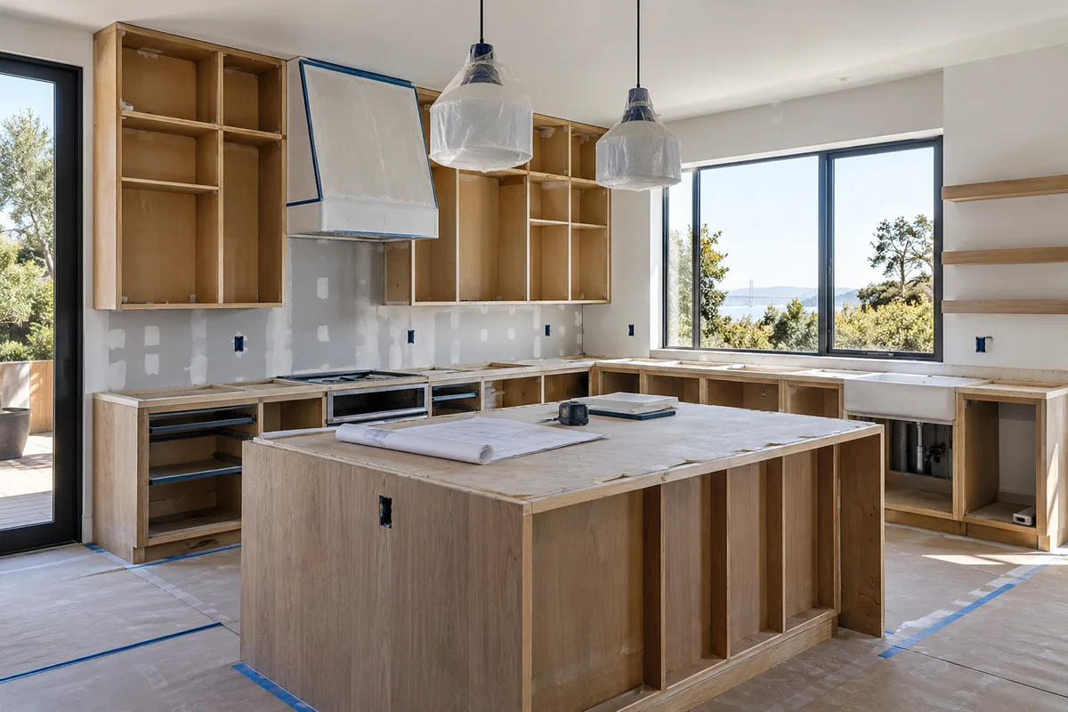 Kitchen midway between rough framing and finished cabinetry.