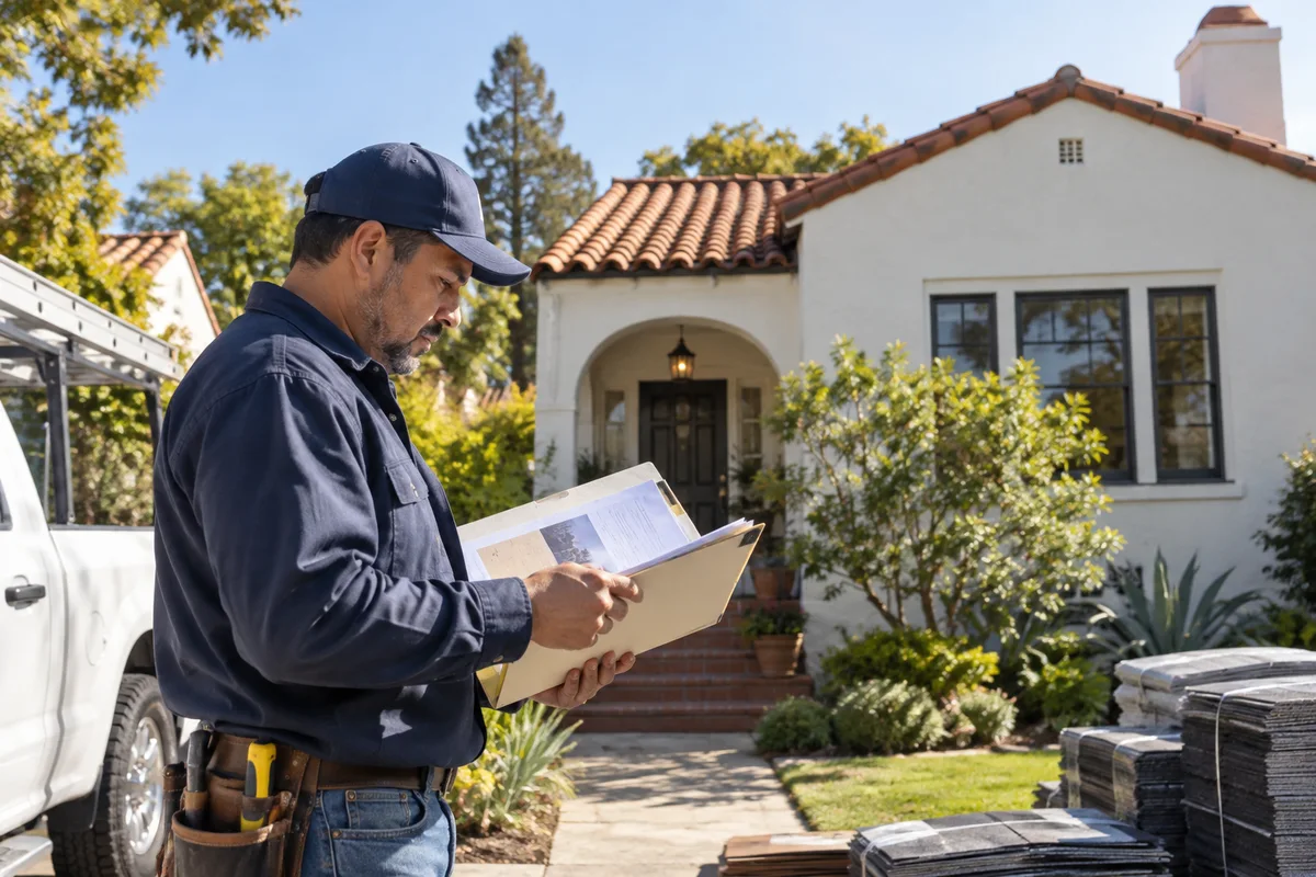 Roofing contractor at San José-style bungalow reviewing permit folder before crew arrival.