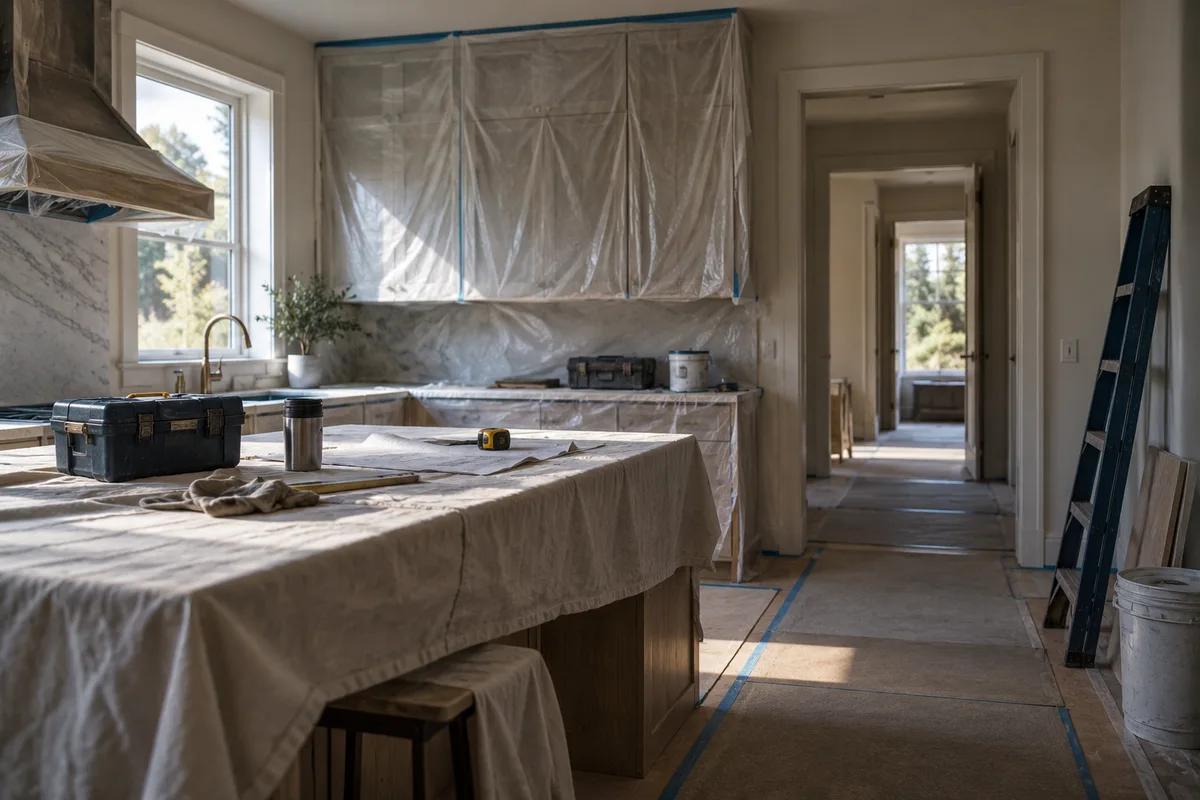 Quiet unfinished kitchen with covered cabinets and untouched tools.
