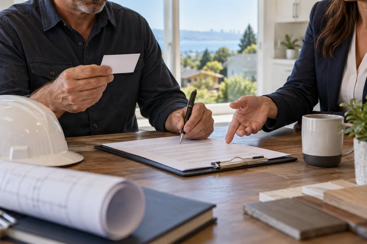 Two people at a construction contract signing table.