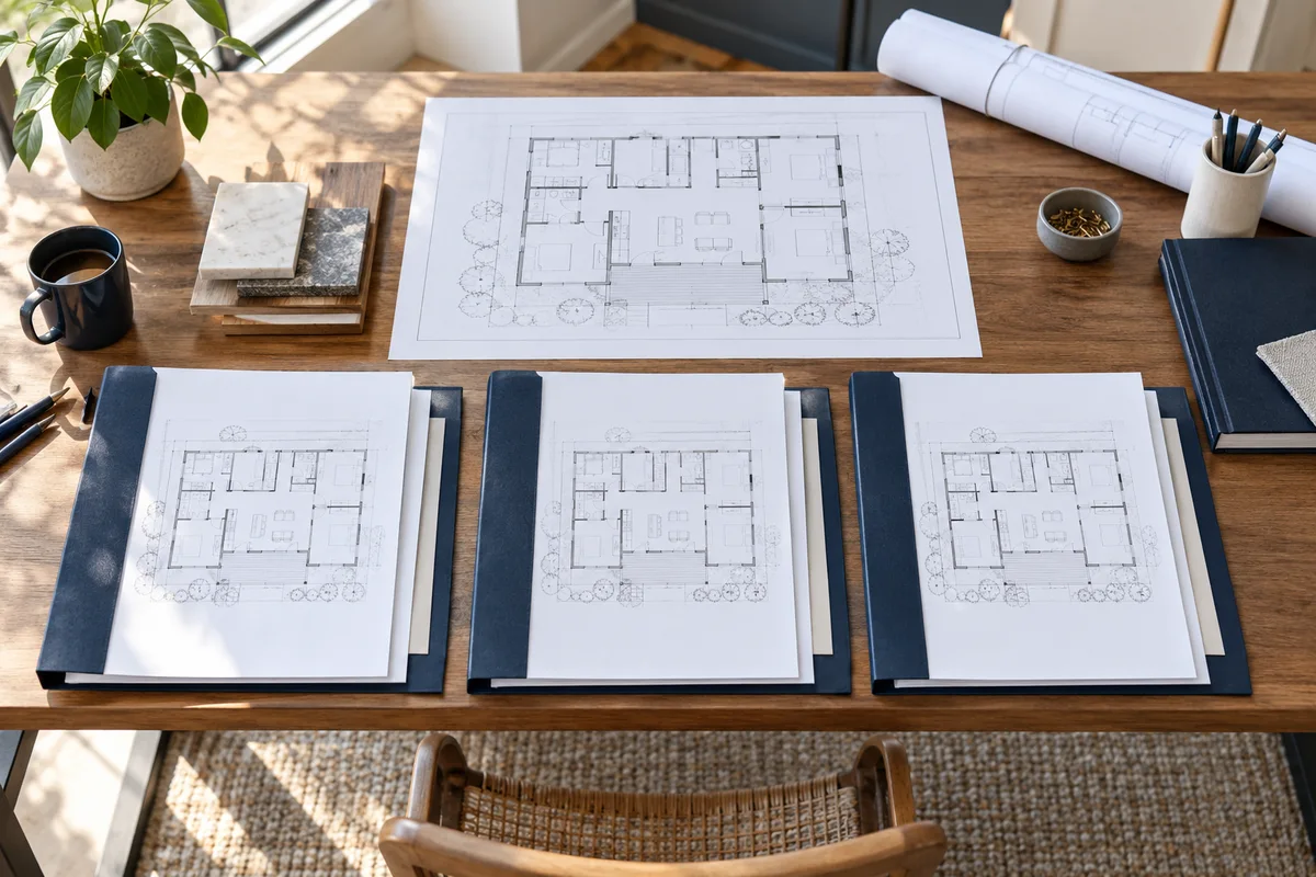 One detailed floor plan being copied into three identical proposal packets.